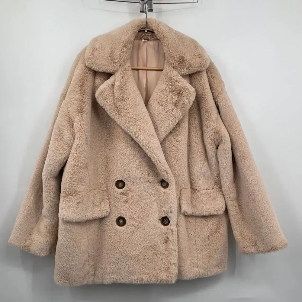 Free People Pink Beige Kate Faux-Fur Double Breasted Jacket Coat Size Medium